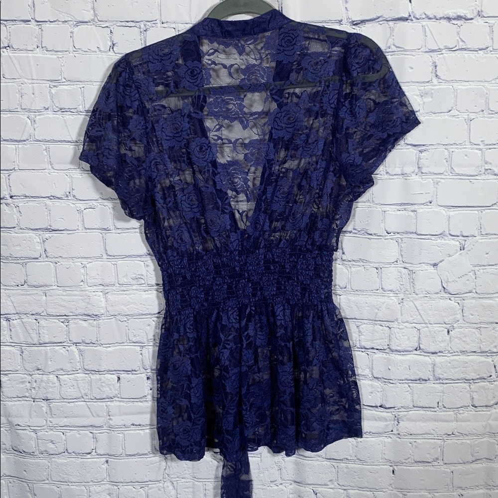 Maurices Womens Sheer lace Short Sleeve Babydoll Top Blue Size 0 Y2K Whimsigoth - Picture 5 of 5